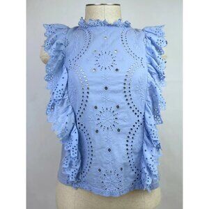 Womens Lace Top Blouse Size XS Mango Sleveless Ruffle Cotton High Neck Blue